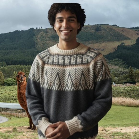 Peruvian Made 100% Alpaca Gray/Cream Fairisle Soft Chunky Winter Sweater Sz L - Picture 1 of 9